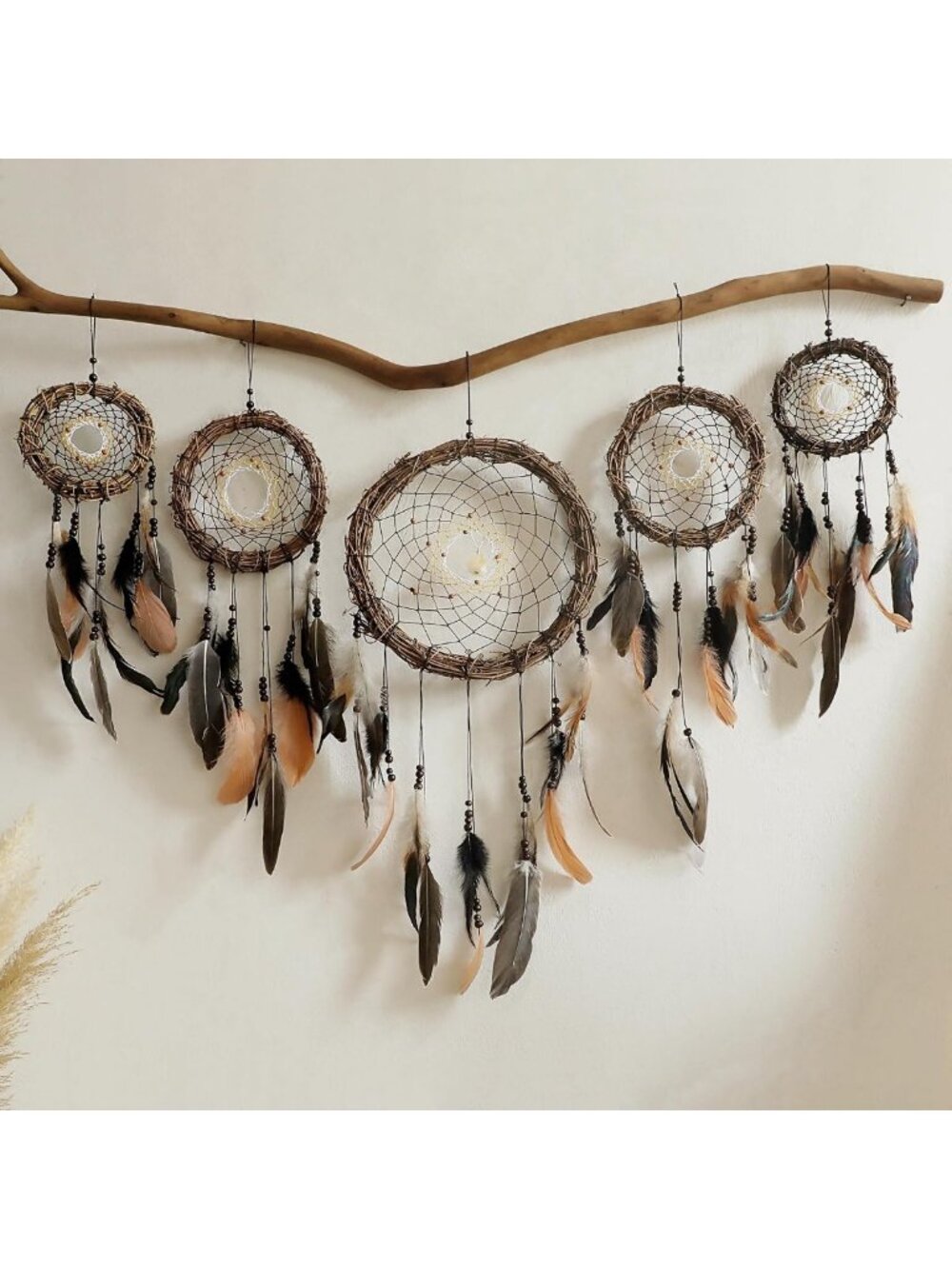 Boho Dream Catchers Wall Decor - 5 Pack Rattan Macrame & Feather Hangings for